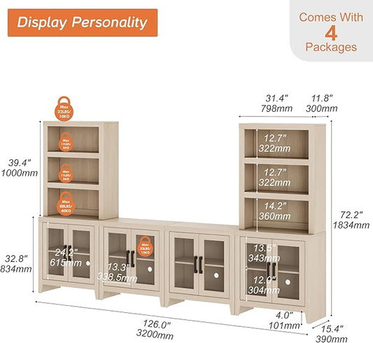 WAMPAT Farmhouse Entertainment Center with Bookshelves, 4-Piece Modular TV Stand with Storage Towers, Glass Doors, Open Shelves, Media Console for Living Room, Home Theater, Beige
