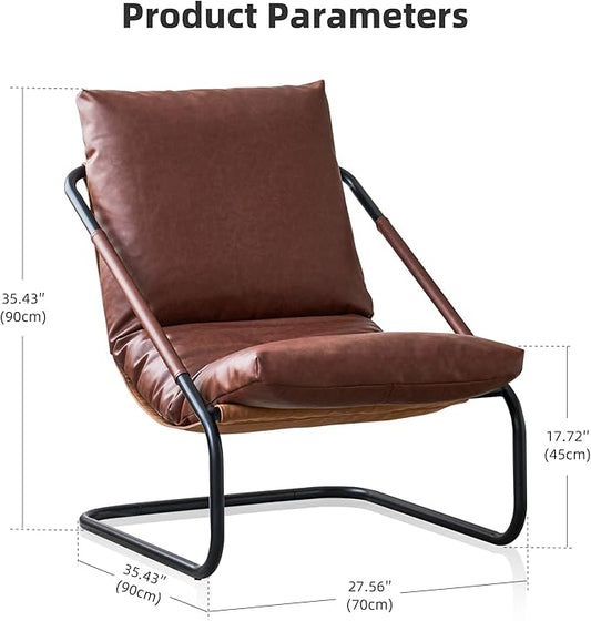 27.56-inch Wide Comfortable Living Room Armchair,Vintage-Style Lounge Chair,with deep Brown Leather Cushion and Metal Frame.