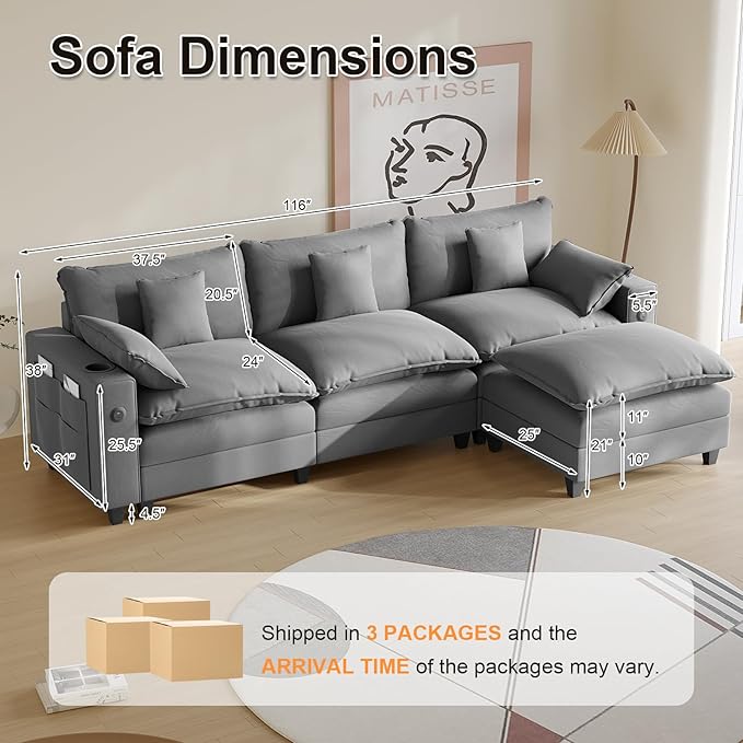 Cloud Couch, Modular Sectional Sofa with Ottoman, Charging Station, Throw Pillows, Cup Holders, Modern Convertible L Shaped Couches for Living Room, Bedroom (Grey, 116"- L Shape)