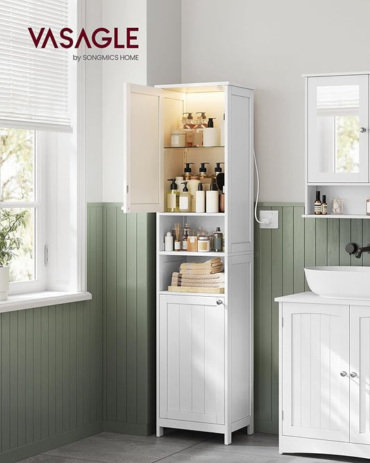 VASAGLE Tall Storage Cabinet with Lights, Slim Freestanding Cabinet with Adjustable Shelves, for Small Spaces, Bathroom, Living Room, Modern, 15.7 Inches Wide, Cloud White UBBC766W02