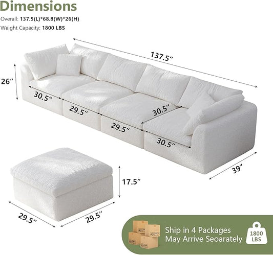 138" Boneless Cloud Couch Modular Sectional Sofa with Deep Seat for Living Room, L Shape Couch with Ottoman, Snowflake Cloth and 40D Memory Sponge,2 Throw Pillows (White, 4 Seater+1 Ottoman)