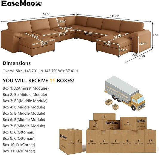 EASE MOOSE Oversized U Shaped Couch,Modular Sectional Convertible Sofa with Wide Deep,Extra Large Faux Leather Scratch Resistant Modern Couch for Big Spaces,Brown