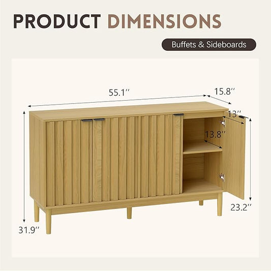 Buffet Cabinet with Storage, Sideboard Cabinet with Fluted Door, Kitchen Buffet Storage Cabinets with Adjustable Shelves, Sideboard Cabinets for Living Room, Entry, Hallway, Natural