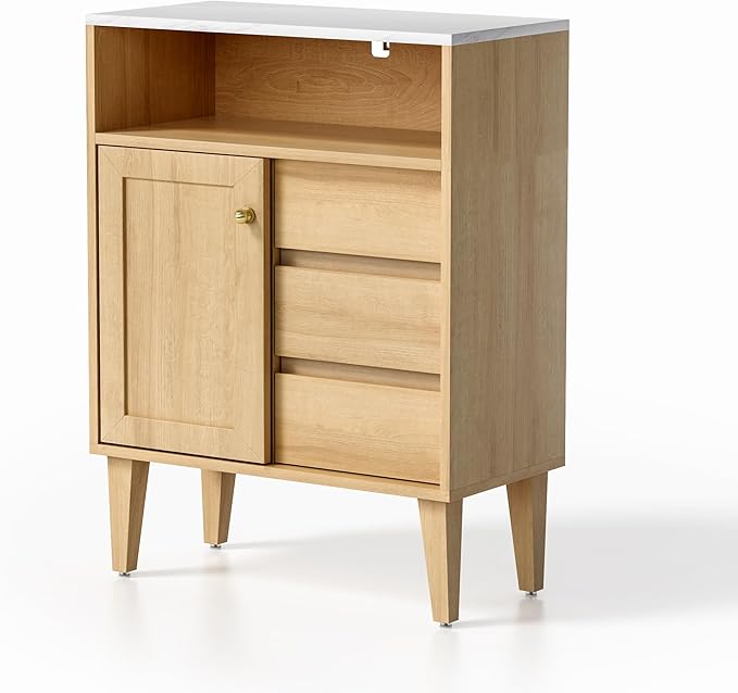 Small Bathroom Floor Cabinet with 3 Drawers Toilet Cabinet with Sliding Door Farmhouse Side Storage Organizer Cabinets with Faux Marble Top for Kitchen, Living Room, Natural Oak