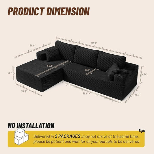 107" Boneless Couch with Deep Seat, Modular Sectional Sofa, Cloud Sectional Couch for Living Room, No Assembly Required, Corduroy, L-Shape Left,Black
