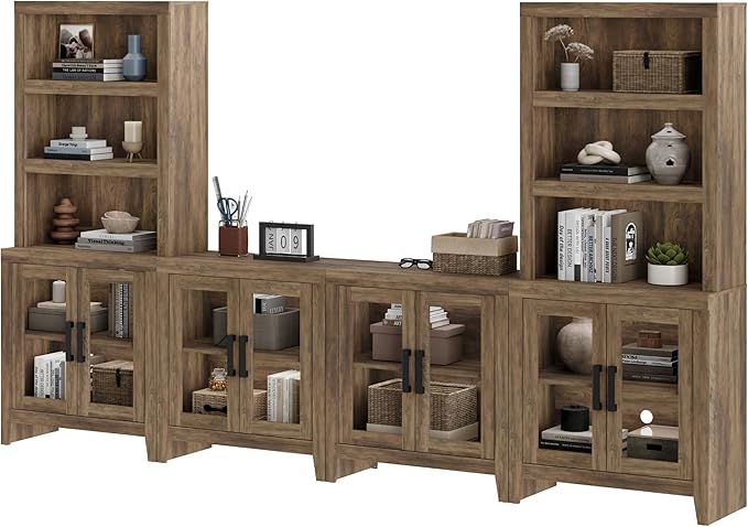 WAMPAT Farmhouse Entertainment Center with Bookshelves, 4-Piece Modular TV Stand with Storage Towers, Glass Doors, Open Shelves, Media Console for Living Room, Home Theater, Brown