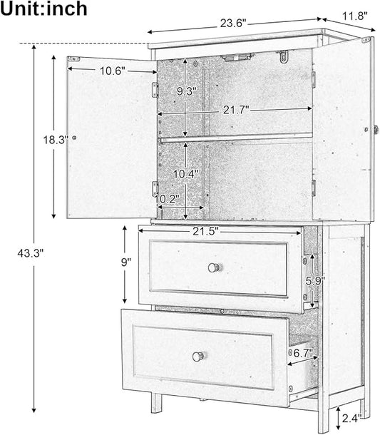 Polibi 43.3" H Storage Cabinet with 2 Doors, 2 Drawers, Adjustable Shelf, Wooden Linen Cabinet for Bathroom, Office, Kitchen, White