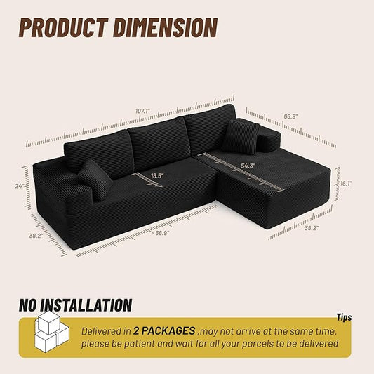 107" Boneless Couch with Deep Seat, Modular Sectional Sofa, Cloud Sectional Couch for Living Room, No Assembly Required, Corduroy, L-Shape Right,Black