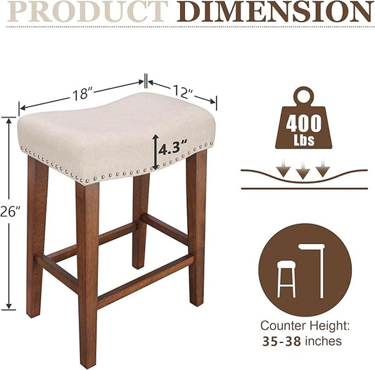 PrimeZone Counter Height Bar Stools Set of 2 - Backless Saddle Barstools with 4.3" Thick Upholstered, Nailhead Trim Linen Fabric & Solid Wood Legs, 26 Inch Counter Stools for Kitchen Island, Beige