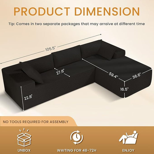 105.5" Modular Sectional Sofa L-Shape, Modular Cloud Sofa with Deep Seat for Living Room Bedroom, Upholstered Couches No Assembly Required (Black Right Facing Chaise)