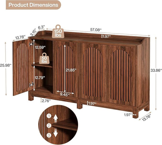 Tribesigns 57" Buffet Cabinet with Storage, Walnut Farmhouse Sideboard Cabinet with Doors & Shelves, Freestanding Wooden Accent Sideboard for Dining Room, Kitchen, Living Room