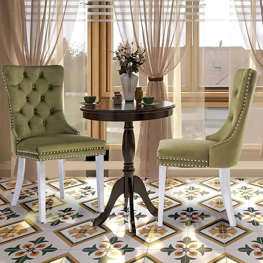 Velvet Upholstered Dining Chairs Set of 2, Modern Kitchen Side Chairs with Nailhead Trim and Silver Plated Leg, Metal Pulling Ring for Dining Room Living Room(Olive Green-Silver Plated Leg)