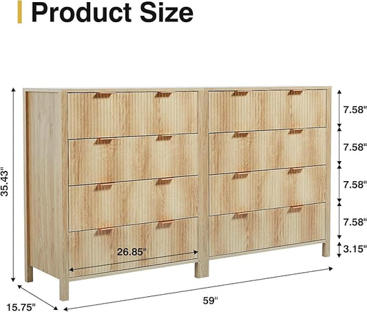 XUZENEST4 Drawer Double Dressers for Bedroom with Waveform Fluted Panel Design, Modern Wide Chest of Drawers,Wood Storage Dresser Chest of Drawers for Bedroom Living Room Hallway Closet,Natural 2 Sets