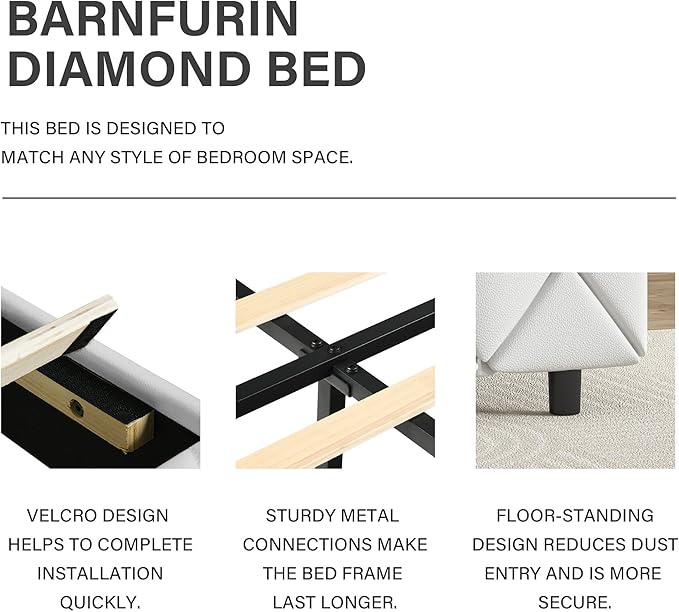 BarnFurin Full Size Bed Frame, Upholstered Platform Bed with Button Tufted Headboard, Princess Platform Bed with Diamond Design, Wooden Slats Support, No Box Spring Required, Easy Assembly, White