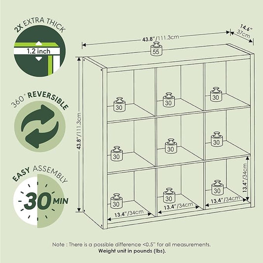 Furinno Cubicle Book Shelf, 9-Cube Thick Frame Bookshelf, Reversible Bookcase with Open Back, 14.6" x 43.8" x 43.8", for Living Room, Bedroom, Home Office, Sage Green