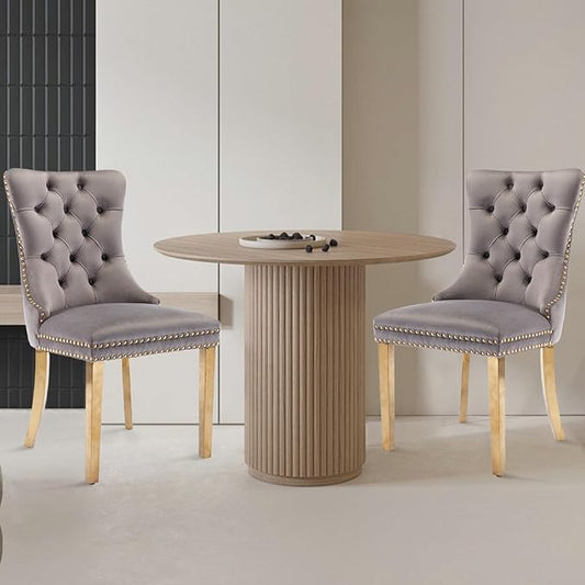Velvet Upholstered Dining Chairs Set of 2, Modern Style Kitchen Side Chairs with Nailhead Trim and Gold Plated Leg, Metal Pulling Ring for Dining Room Living Room(Gery-Gold Plated Leg)