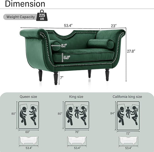Christopher Knight Home Aurora Velvet Chaise Lounge Indoor with 2 Bolster Pillows, Upholstery Entryway Bench with Nailhead Trim & Curved Arms, End of Bed Bench Ottoman and Wooden Legs, Green