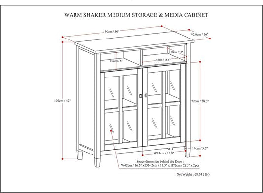 SIMPLIHOME Warm Shaker SOLID WOOD 39 inch Wide Transitional Medium Storage Media Cabinet in Tobacco Brown for the Living Room, Entryway and Family Room