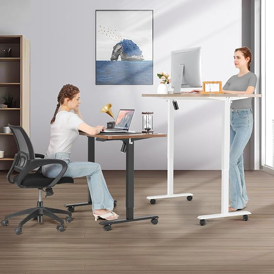 farexon Electric Standing Desk Adjustable Height, 48x 24 Inches Sit Stand Up Computer Desk with Double Metal Hook,4 Memory Preset Heights, 27''-46'' Lifting Range for Home/Office(Brown)