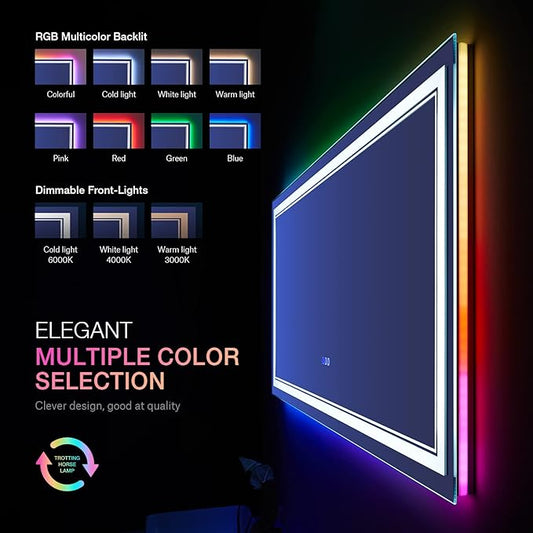 60x36 Inch RGB LED Mirror for Bathroom, RGB Backlit and Front Lighted Bathroom Mirror, Large Dimmable Vanity Mirror with Lights,Anti-Fog, Memory,ETL Listed, Wall Mounted