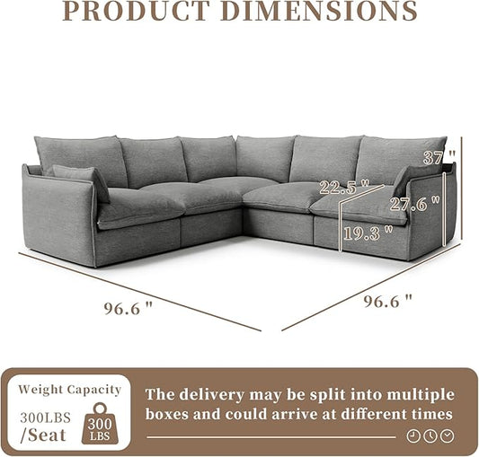 Waterproof Cloud Sectional Sofa for Living Room,High Backrest Down Filled Couch,5 Seater Oversized Modular V-Shaped Couches,Detachable Couch Covers,Dark Grey