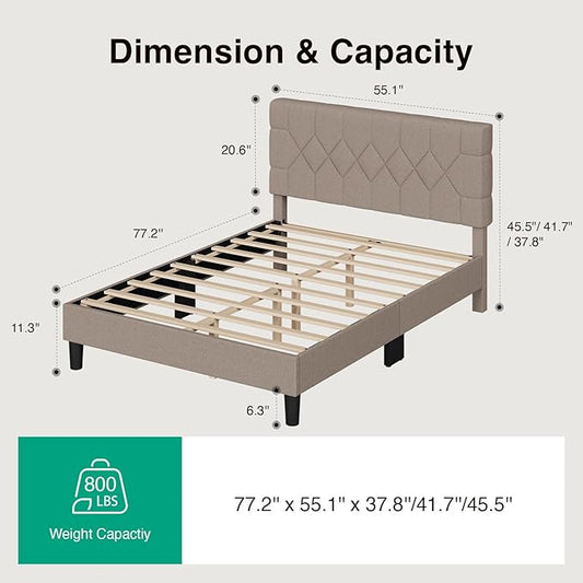 Novilla Full Size Bed Frame, Full Bed Frame with Wood Slats Support, Linen Upholstered Pull-Point Headboard, No Box Spring Needed, Heavy Duty Feet, Easy Assembly, Beige