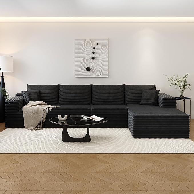 135.4" Cloud Sectional Couch with L-Shape Chaise,Modern Modular Sofa with Deep Seat, Upholstered Couches for Living Room Bedroom Apartments,No Assembly Required, (Black,Right Facing Chaise)