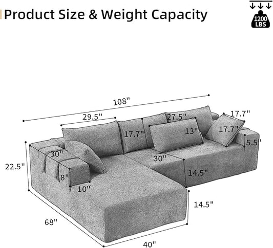 108" Modular Sectional Couch Sofa with L-Shape Chaise, Modern Cloud Comfy Sofa with Deep Seat, Upholstered Couches for Living Room Bedroom, No Assembly Required (Beige Right Facing Chaise)