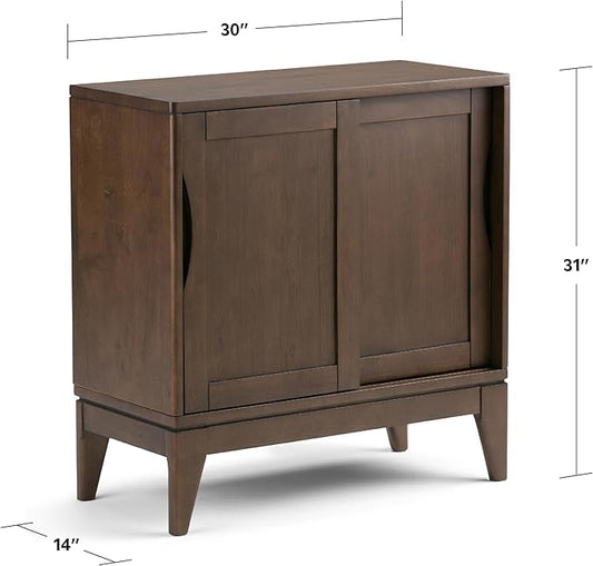 SIMPLIHOME Harper SOLID WOOD 30 inch Wide Mid Century Modern Low Storage Cabinet in Walnut Brown, with Large Space Behind 2 Sliding Notched Handle Doors with 2 Adjustable Shelves