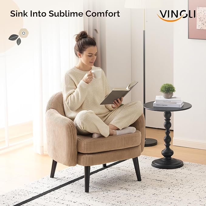 VINGLI 30.3" Wide Modern Barrel Accent Armchairs Set of 2 with Track Armrest, Solid Wooden Legs, Comfy Upholstered Club Chairs, Single Home Sofa for Living Room, Bedroom, Reading Room, Corduroy Khaki