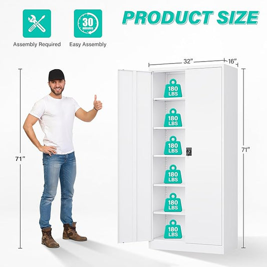 SISESOL White Metal Storage Cabinet with 5 Adjustable Shelves,71" Tall Metal Cabinet with Locking Doors,Steel Cabinet with Lock,Lockable Storage Cabinets for Home,Office,Kitchen,Laundry,Pantry