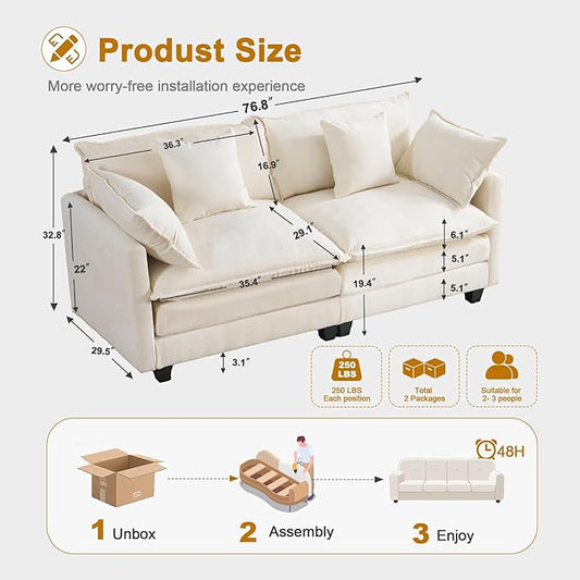 77" Cloud Sofa Loveseat & Couch|Small 2-Seater Chenille Sectional Sofa with 29.1" Deep Seat|FSC Certified Solid Wood & Metal Frame|Easy Assembly & 1YR Guarantee| for Apartment Living Room Bedroom