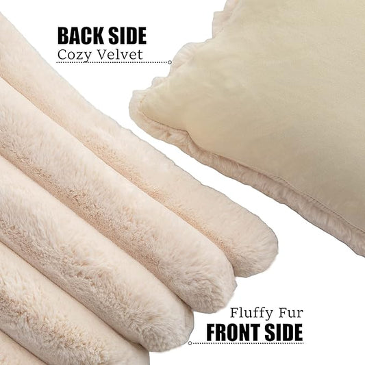 Neelvin Beige Faux Fur Cozy Soft Striped Decorative Throw Pillow Covers 24x24 inch Set of 2,Velvet Pillowcase Cushion Case for Sofa Couch