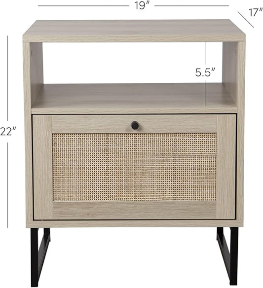 Nathan James Mina Rattan Wood End Side Accent Table Nightstand with Storage for Living Room or Bedroom, 1, Oak/Black