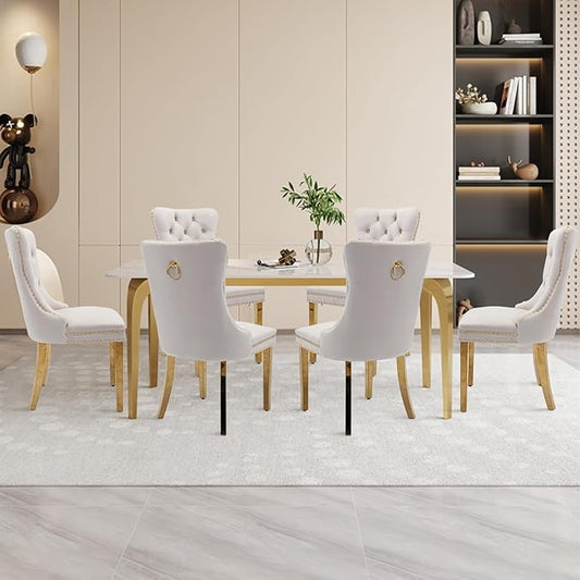 Velvet Upholstered Dining Chairs Set of 8, Modern Style Kitchen Side Chairs with Nailhead Trim and Gold Plated Leg, Metal Pulling Ring for Dining Room Living Room(Beige)