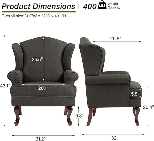 Accent Chair, High Back Upholstered Armchair with High Resilience Sponge & Wood Legs, Mid-Century Modern Comfy Single Sofa Reading Chairs for Living Room, Bedroom (Dark Grey, Set of 2)