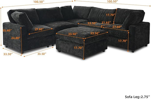 WJShome Modern V Shaped Sectional Couches for Living Room,100 Inch 5-Seater Chenille Deep Seat Modular Sofa with Ottoman, Cloud Couch for Bedroom and Apartment,Black
