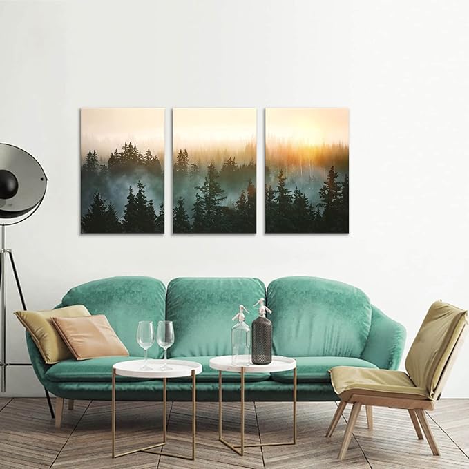 Forest Bathed in Sunlight Canvas Print Picture Painting Wall Art for Bedroom Living Room Framed 3 Piece Artwork Wall Decor for Bathroom Modern Room Plants Wall Decorations Size 16x24x3 Ready to Hang