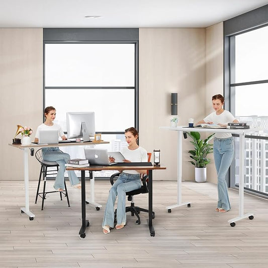 farexon Electric Standing Desk Adjustable Height, 63x24 Inches Computer Desk with Rolling Wheels, Mouse Pad,Multifunctional Stand up Desk for Home/Office(White)