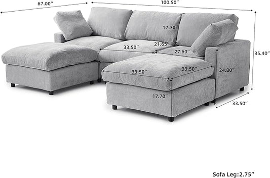 WJShome 100 Inch U Shaped Modern Sofa Modular Sectional Cloud Couch with 2 Ottoman, 4-Seat Chenille Deep Seat Couches for Living Room, Bedroom and Apartment,Gray
