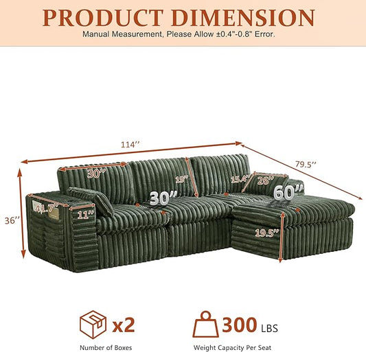 114" Cloud Boneless Sectional Couches for Living Room, Modular Sectional Sofa with Cup Holder, Cozy Fluffy L Shaped Deep Seat Boneless Couch with Storage Pocket, No Assembly Required, Green