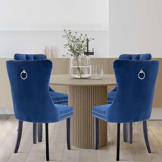 Velvet Upholstered Dining Chairs Set of 4, Modern Style Kitchen Side Chairs with Nailhead Trim and Wood Legs,Metal Pulling Ring for Dining Room Living Room(Blue,Set of 4)
