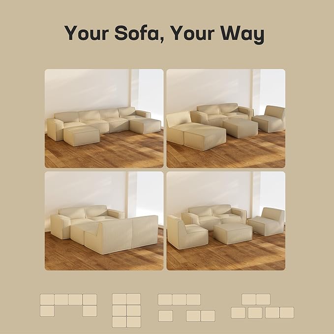 Marsail Modular Sectional Sofa, 142" U-Shaped Modular Sectional Couch with Deep Seat, Freely Combinable Sectional Clound Sofa for Living Room, No Assembly, Plush Corduroy Fabric, White