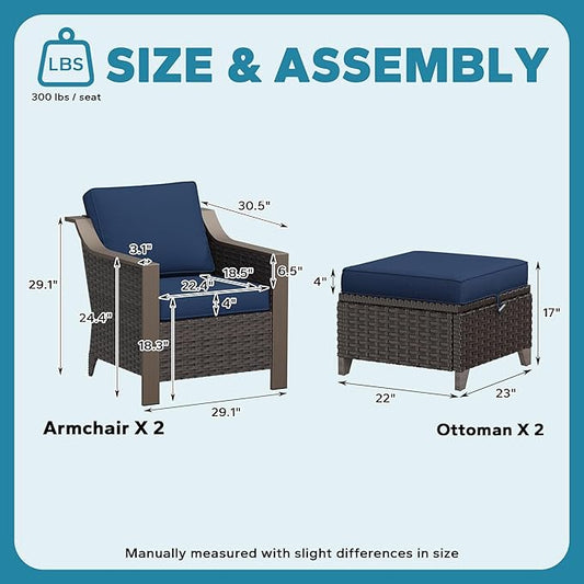 Patio Metal Wicker Chairs with Ottomans Set of 2, Outdoor Conversation Furniture Set - 2 Armchairs | 2 Wicker Ottomans, Removable Cushions, PE Rattan, Front Porch (Navy Blue)