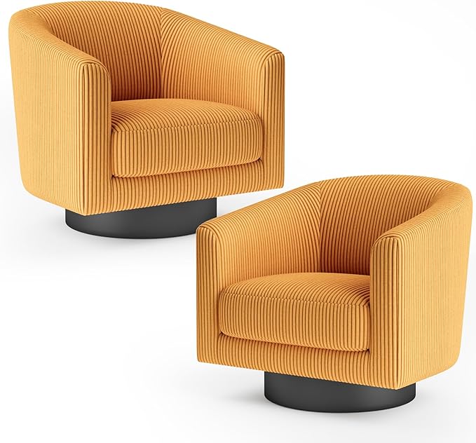 360Β° Swivel Accent Chairs Set of 2, Modern Bucket Chair, Corduroy Barrel Armchair, Comfy Boucle Chair, Single Sofa for Living Room Bedroom. Orange