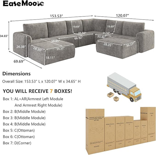 EASE MOOSE Oversized Sectional Cloud Couch, 8-Seat Modular Couch Set, Corner V-Shaped Deep-Seat Boneless Sofa, No-Assembly Chenille Sofa for Living Room, Light Grey