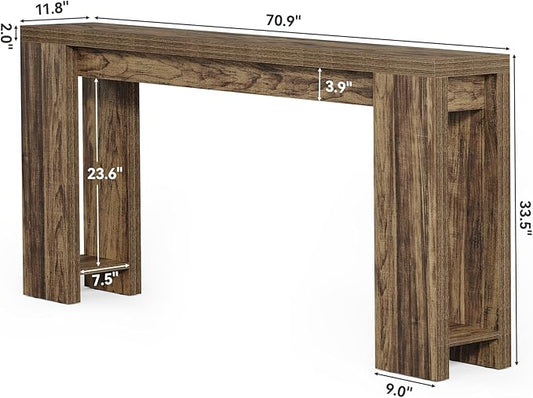LITTLE TREE 70.9-Inch Long Entryway Table, Narrow Farmhouse Sofa Console Table for Living Room, Hallway, Walnut Brown