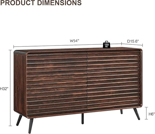 RedLemon 6 Drawers Dresser for Bedroom, 54'' Wide Mid Century Modern Wood Fluted Double Dresser, Chest of Drawers with Tapered Leg for Bedroom, Living Room, Hallway, Closet, Dark Walnut