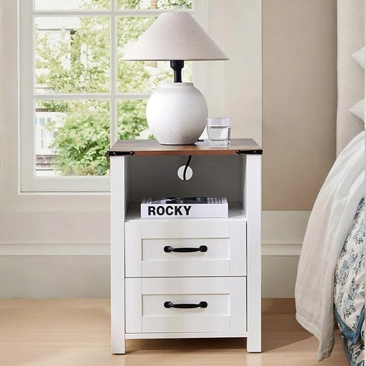 Farmhouse Coffee Table Set of 3, Lift Top Coffee Table with Sliding Barn Doors and Nightstands Set of 2 with Charging Station, Living Room Table Set for Home Office, White