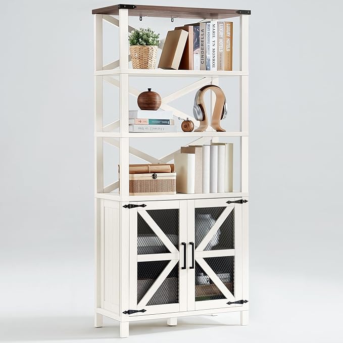 5 Tier Bookshelf 70" Tall Bookcase with Barn Doors,Large Farmhouse Display Book Shelf with Adjustable Shelves and Storage Cabinet,Library Wood Bookshelves for Living Room,Kitchen,White(2PCS)